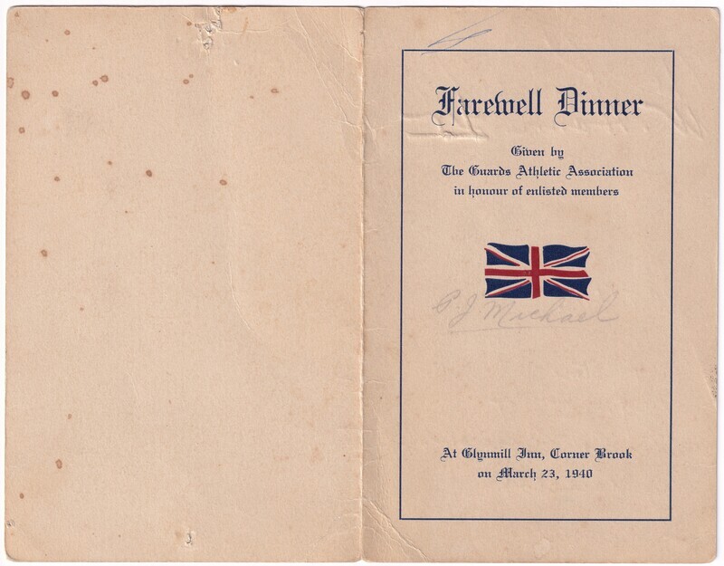 The image is of the front and back cover of an aged four-page document. The page on the right has a bordered design featuring text and a small illustration of a British flag in the center. The text is printed in a formal serif font. The left page is blank with visible aging spots and creases, consistent with the right page.