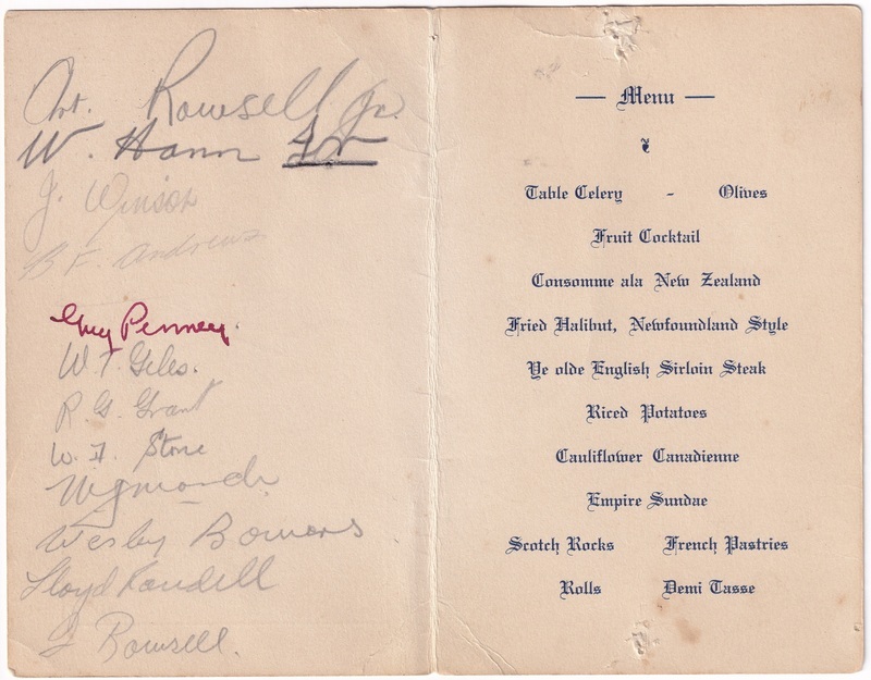 A farewell dinner menu card, inside