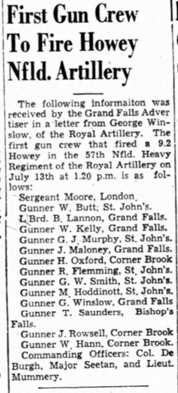 The image is a black and white newspaper clipping titled "First Gun Crew To Fire Howey Nfld. Artillery." It contains a text block detailing information about a gun crew in the Royal Artillery. The article describes the event of the first gun crew firing a 9.2 Howey in the 57th Nfld. Heavy Regiment on July 13th at 1:20 p.m. Various individuals are listed with their ranks, names, and locations. The text is formatted in narrow justified columns typical of newspaper print, with the title in a bold, larger font.