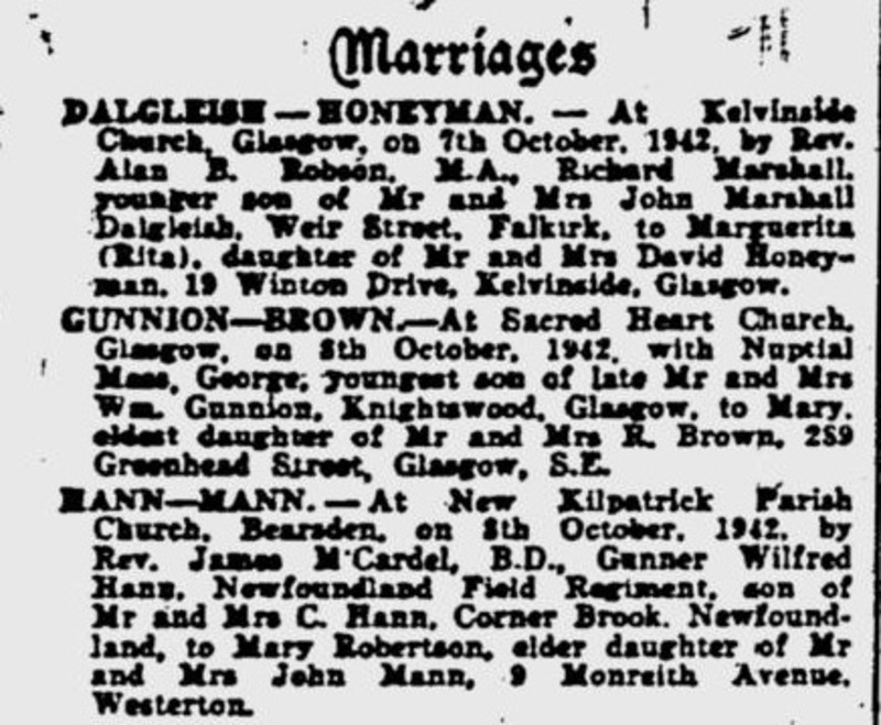 A newspaper clipping of W.I. (Bill) Hann and Mary Mann's wedding announcement from the October 9, 1942 issue of The Glasgow Herald