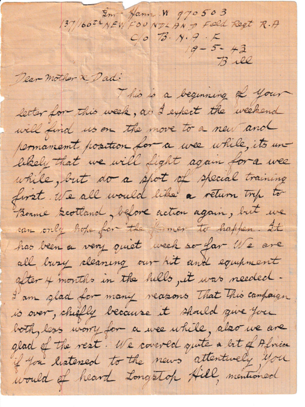 A letter written by W.I. (Bill) Hann sent to his parents, Martha (née Russell) and Chesley Hann of Corner Brook [while stationed in Tunis, Tunisia]