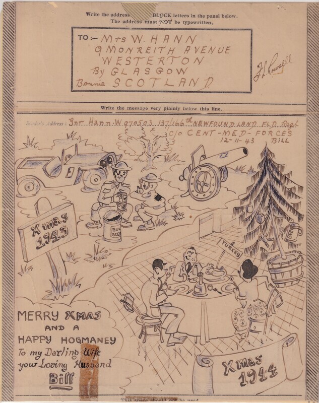 A hand drawn Christmas card sent by W.I. (Bill) Hann [from Italy] to his wife Mary Hann (née Mann) in Glasgow, Scotland