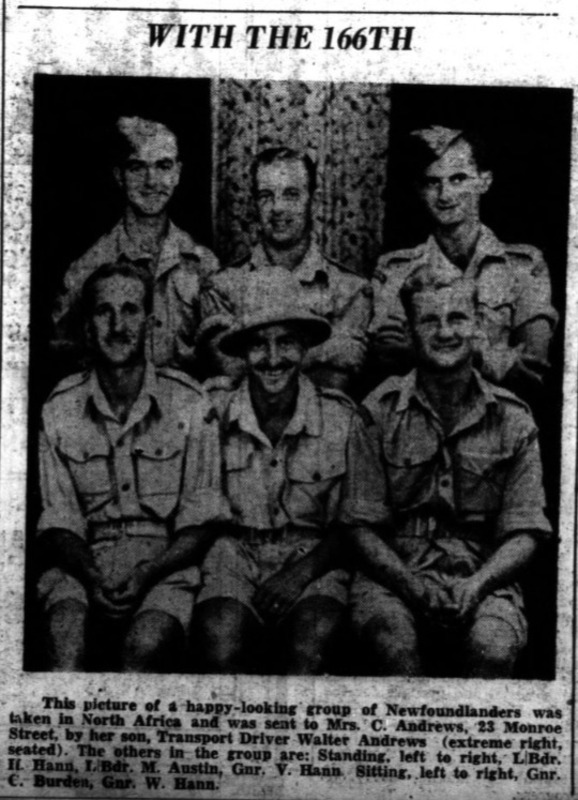 A captioned photo of six Newfoundland soldiers including W.I. (Bill) Hann (front row, middle), Harold Hann (back row, left), and Victor Hann (back row, right) [taken in Bone, i.e., Annaba, Algeria]