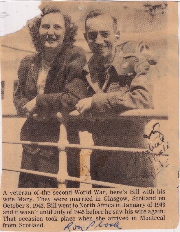 A newspaper clipping featuring a photo of Mary (née Mann) and W.I. (Bill) Hann taken in Montréal in July 1945 the first time the two had met since shortly after their wedding in 1942