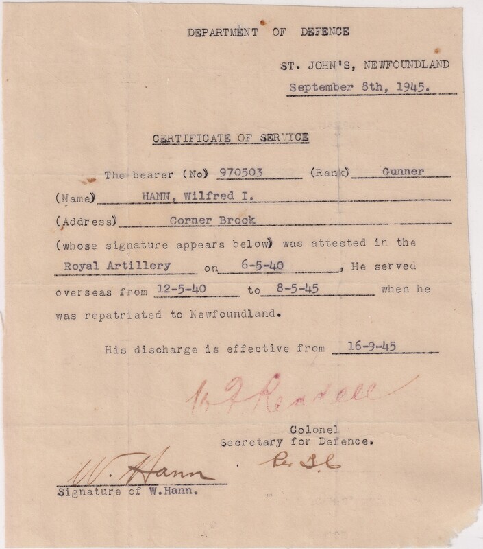 W.I. (Bill) Hann's signed certificate of service from the Department of Defence