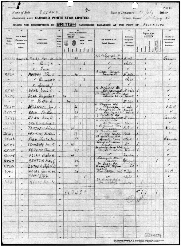 A page from the passenger list for the SS Bayano's transatlantic journey, July 12, 1945, departing from Avonmouth bound for Halifax on which Mary R. Hann (née Mann) traveled to Canada to meet her husband W.I. (Bill) Hann