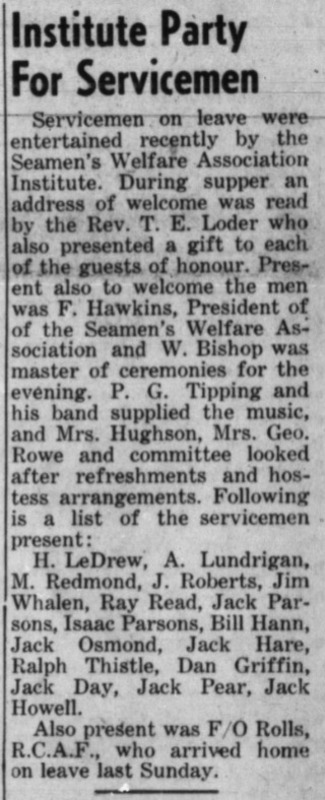 A newspaper clipping "Institute Party For Servicemen" from the June 1, 1945, issue of the Evening Telegram