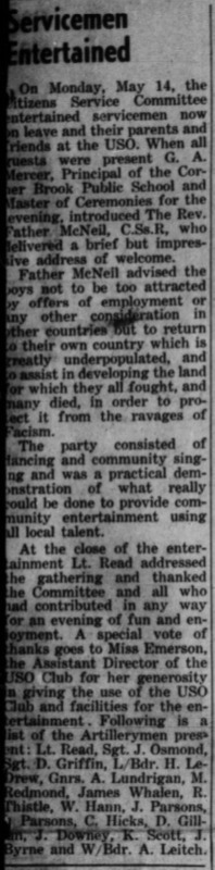 A newspaper clipping "Servicemen Entertained" from the May 26, 1945, issue of the Western Star