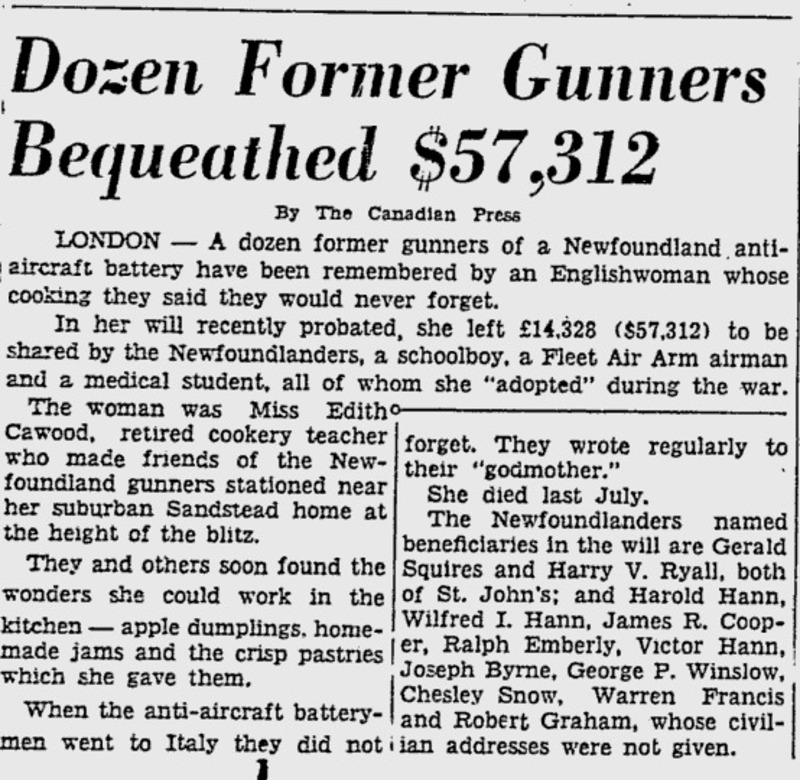 A newspaper clipping "Dozens Former Gunners Bequeathed $57,312" from the November 30, 1948, issue of the Ottawa Citizen