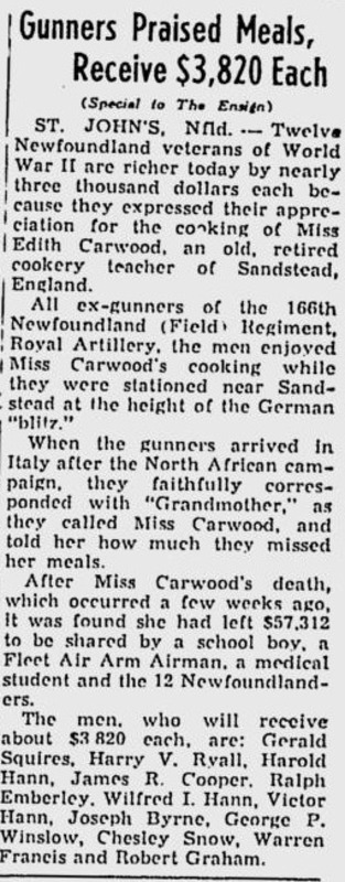 A newspaper clipping "Gunners Praised Meals, Receive $3,820 Each" from the December 25, 1948, issue of the Manitoba Ensign