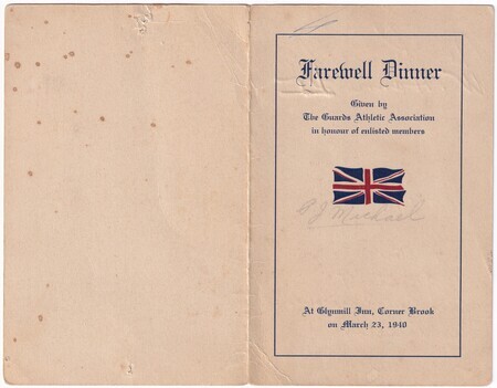 A menu card printed for a Farewell Dinner held at the Glynmill Inn, Corner Brook on March 23, 1940 by the Guards Athletic Association in honour of enlisted volunteer soldiers signed by 13 of the attendees