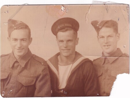 A portrait photo of W.I. (Bill) Hann, Lloyd Randell, and Herb Matthews taken in Yarmouth, England