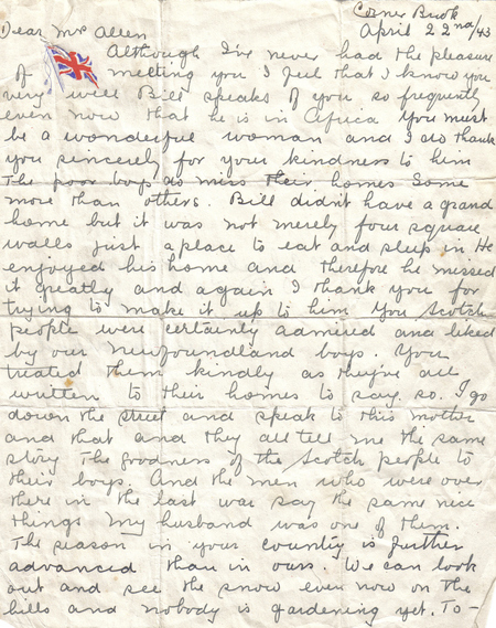 A letter written my Martha (née Russell) Hann of Corner Brook sent to a Mrs. Allen of Kirkmuirhill, Scotland