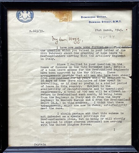 A letter written by British politician Paul Emrys Evans sent to his colleague Quintin Hogg outlining a home leave scheme for Newfoundland soldiers